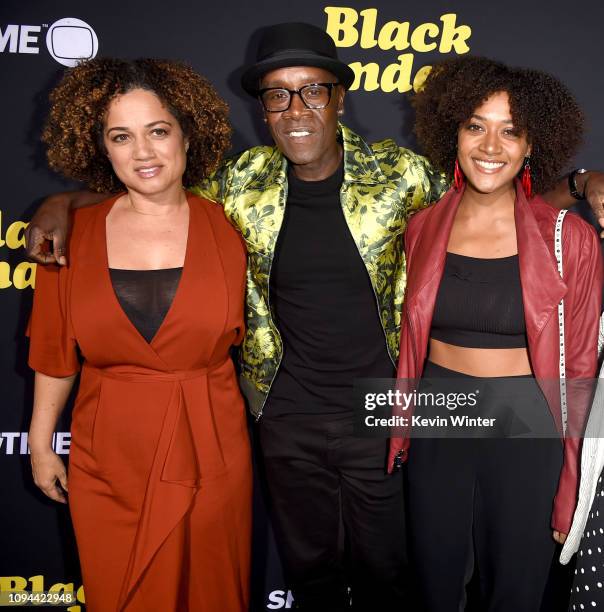 Bridgid Coulter, Don Cheadle and Imani Cheadle arrive at the premiere of Showtime's "Black Monday" at The Theatre at Ace Hotel on January 14, 2019 in...