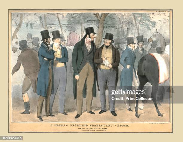 Group of Sporting Characters at Epsom, How are the odds on the Derby?', circa 1832. Political satire depicting British politicians at Epsom races:...