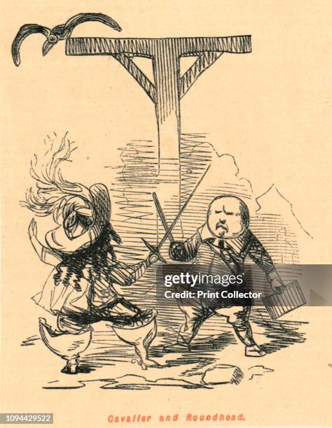 Cavalier and Roundhead', 1897. Satire on the English Civil War - sword fight between King Charles I, and Oliver Cromwell, . From 'The Comic History...