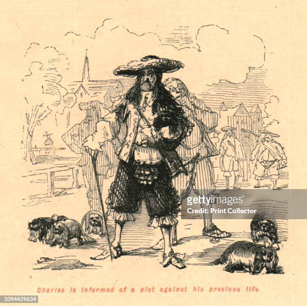 Charles is informed of a plot against his precious life', 1897. Caricature of King Charles II of England surrounded by his spaniels. From 'The Comic...