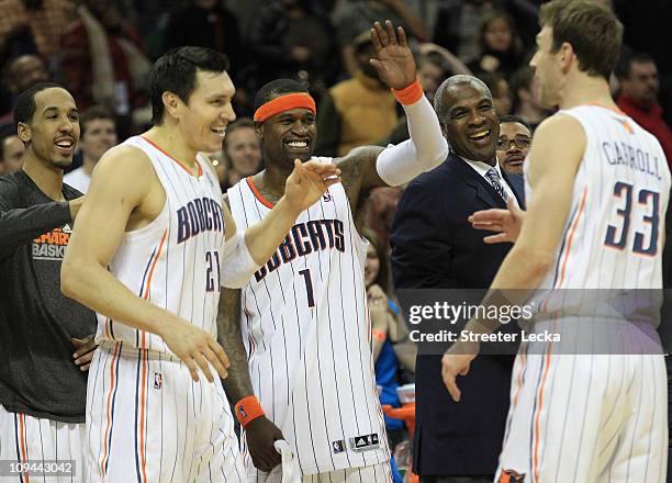 Stephen Jackson of the Charlotte Bobcats celebrates with teammates during their game against the Sacramento Kings at Time Warner Cable Arena on...