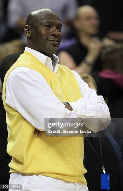 Owner of the Charlotte Bobcats, Michael Jordan smiles during their game against the Sacramento Kings at Time Warner Cable Arena on February 25, 2011...