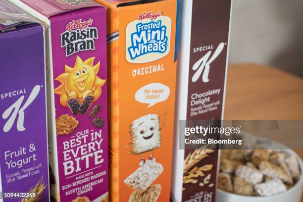 Boxes of Kellogg Co. Special K, Raisin Bran, and Frosted Mini Wheats brand breakfast cereals are arranged for a photograph in New York, U.S., on...