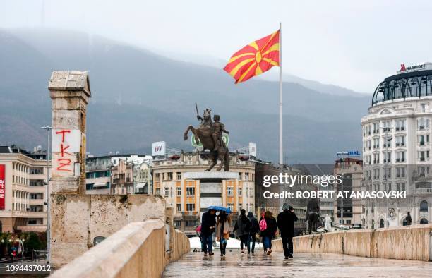 General view shows Skopje's main square, Macedonia, on February 6, 2019. - On February 30 Macedonia was formally invited to join NATO and in order to...
