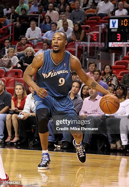 Rashard Lewis of the Washington Wizards handles the ball against the Miami Heat at American Airlines Arena on February 25, 2011 in Miami, Florida....