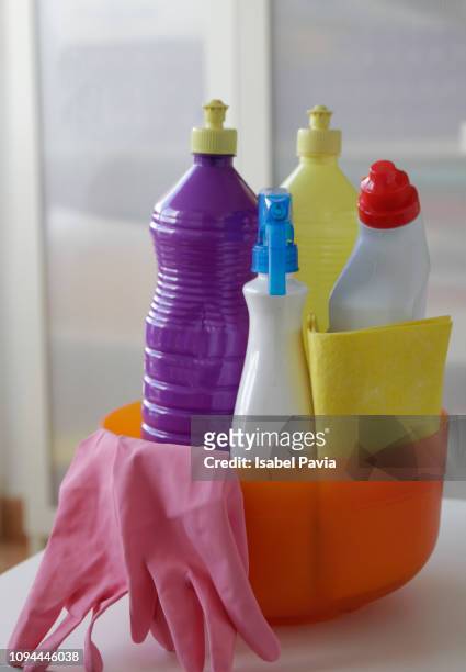 house cleaning supplies on bucket at home - lixívia imagens e fotografias de stock