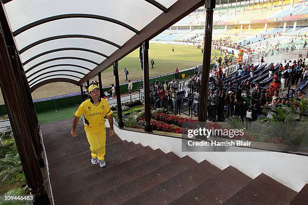 Ricky Ponting of Australia leaves the field after the presentations after the 2011 ICC World Cup Group A match between Australia and New Zealand at...