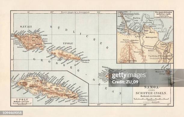 stockillustraties, clipart, cartoons en iconen met kaart van samoa-eilanden: savai'i, upolu en tutuila, lithografie, 1897 - american samoa