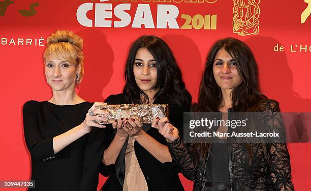 Audrey Lamy and Leila Bekhti and Geraldine Nakache poses with the award cesar during the Red Carpet Arrivals At le Fouquets - Cesar Film Awards 2011...