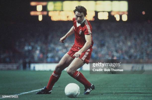 Northern Irish footballer Martin O'Neill, midfielder with Nottingham Forest Football Club, pictured in action during the European Cup first round 1st...