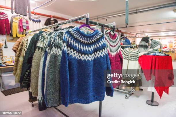 traditional wool sweaters for sale in reykjavic at the kolaportið weekend market iceland - wool stock pictures, royalty-free photos & images