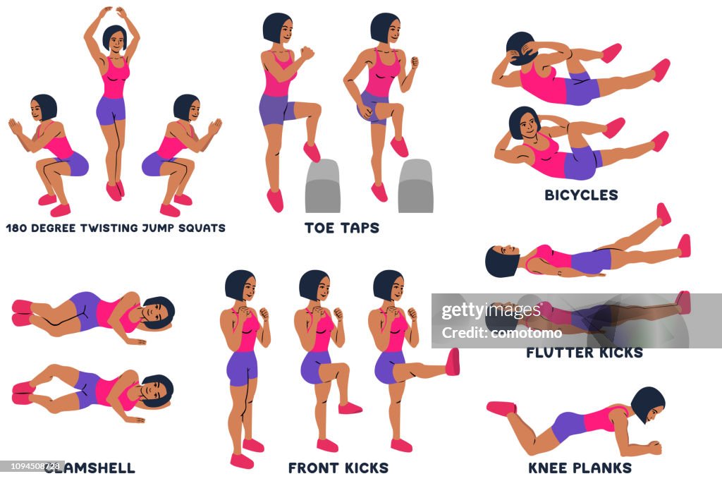 180 graders vridning jump squats. Tå kranar. Cyklar. Gripskopa. Främre sparkar. Knäet plankor. Sport favoritapp. Siluetter av kvinna gör övning. Träning, utbildning.