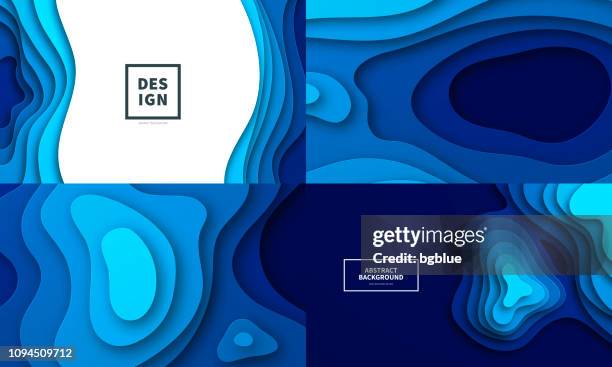 satz von papier schneiden hintergrund. blaue abstrakte wellenformen - trendigen 3d design - scherenschnitt stock-grafiken, -clipart, -cartoons und -symbole