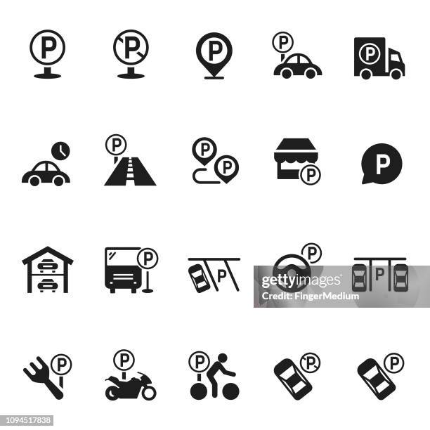 illustrazioni stock, clip art, cartoni animati e icone di tendenza di set di vettori dell'icona di parcheggio - parcheggiare