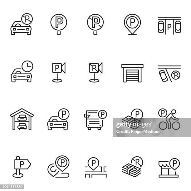 ilustraciones, imágenes clip art, dibujos animados e iconos de stock de conjunto de iconos de aparcamiento - parking lot