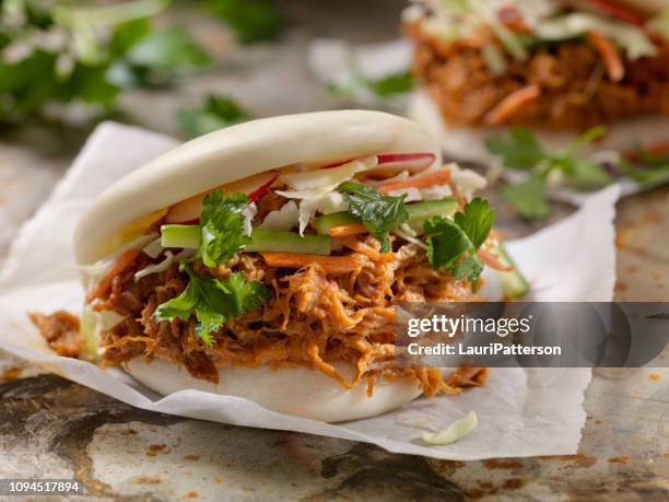 steamed bao buns with pulled pork - pulled pork stock pictures, royalty-free photos & images