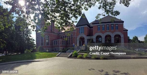 laconia public library main entrance in laconia, new hampshire during summer 2016 - public library stock pictures, royalty-free photos & images
