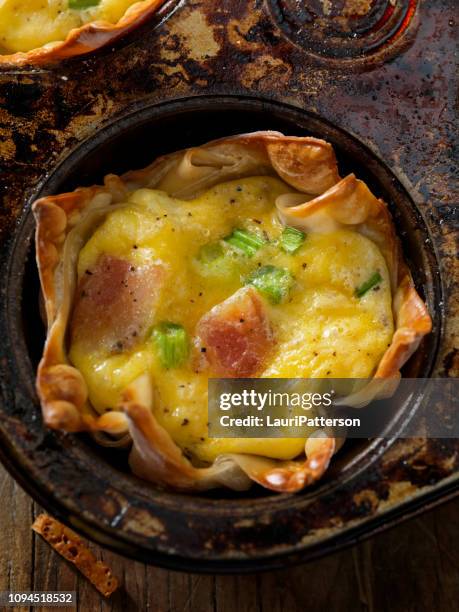 crispy baked wonton egg cups with bacon, cheddar cheese and green onions - muffin tin stock pictures, royalty-free photos & images