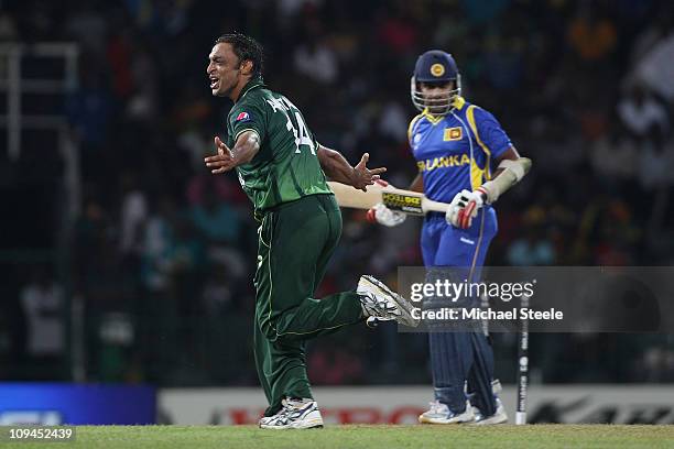 Shoaib Akhtar of Pakistan celebrates bowling Mahela Jayawardena during the Pakistan v Sri Lanka 2011 ICC World Cup Group A match at the R. Premadasa...