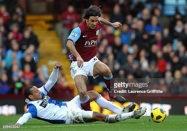 Robert Pires of Aston Villa battles for the ball with Jermaine Jones of Blackburn Rovers during the Barclays Premier League match between Aston Villa...