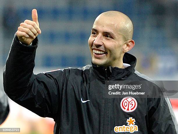 Elkin Soto of FSV Mainz 05 celebrate the second goal after the Bundesliga match between 1899 Hoffenheim and FSV Mainz 05 at Rhein-Neckar Arena on...