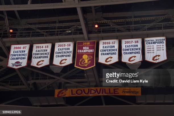 View of the Cleveland Cavaliers banners before the game against the Boston Celtics on February 5, 2019 at Quicken Loans Arena in Cleveland, Ohio....