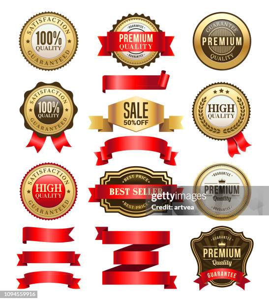 gold badges and ribbons set - gold seal stamp stock illustrations