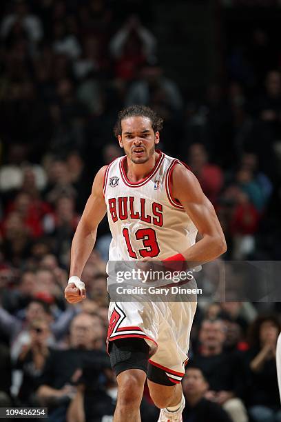 Joakim Noah of the Chicago Bulls stands on the court against the Miami Heat during the NBA game on February 24, 2011 at the United Center in Chicago,...