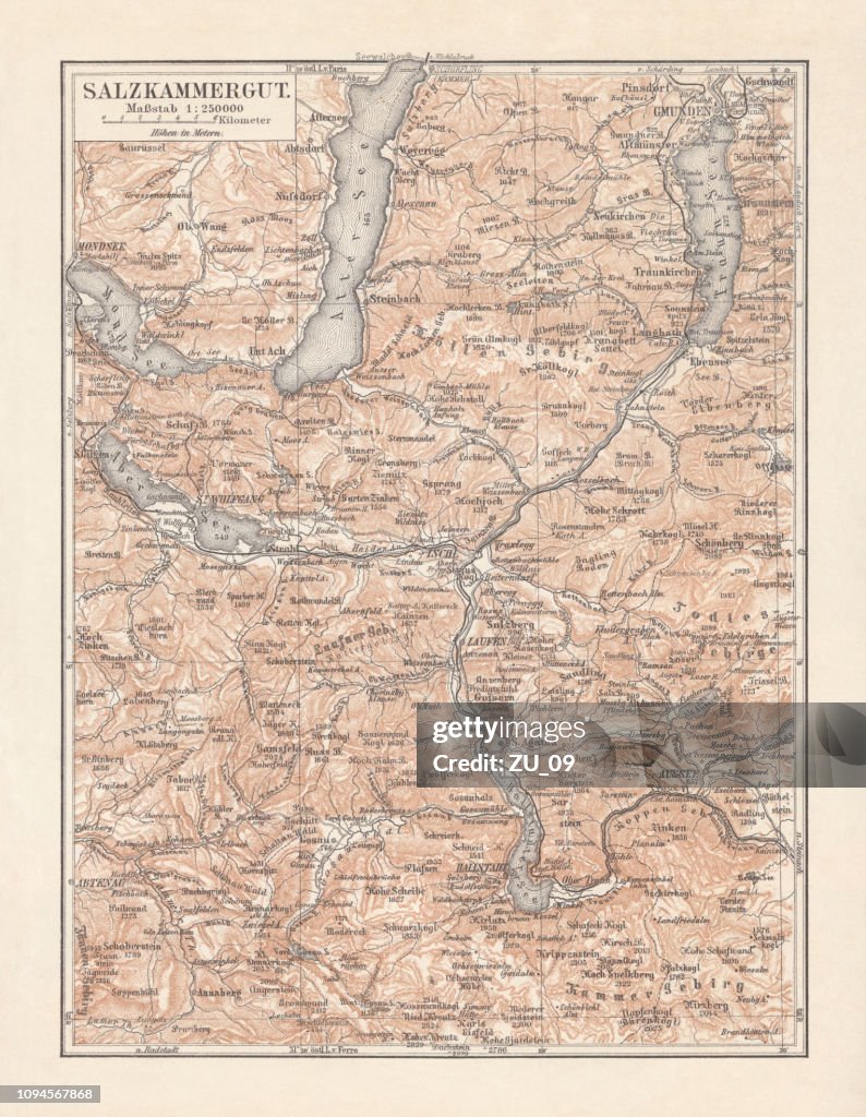 Map of Styria (Salzkammergut) in Austria, lithograph, published in 1897