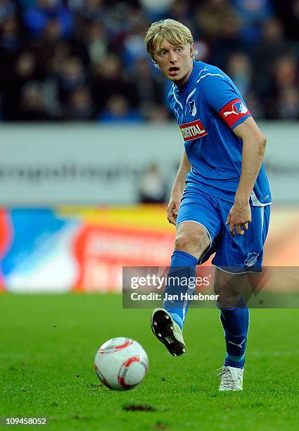 Andreas Beck of 1899 Hoffenheim runs with ball during the Bundesliga match between 1899 Hoffenheim and FSV Mainz 05 at Rhein-Neckar Arena on February...