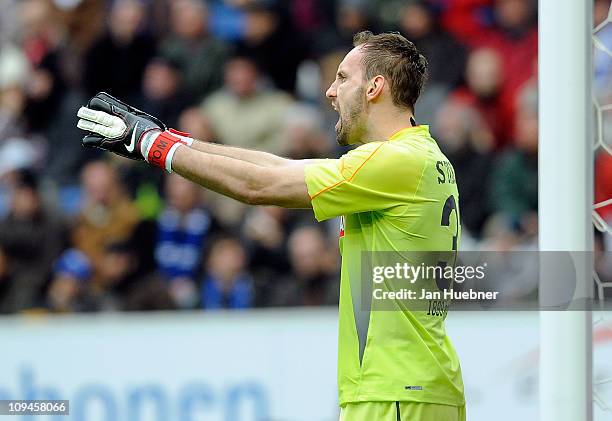 Tom Starke of 1899 Hoffenheim reacts during the Bundesliga match between 1899 Hoffenheim and FSV Mainz 05 at Rhein-Neckar Arena on February 26, 2011...