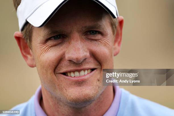 Luke Donald of England smiles on the 13th hole after winning his match 6up against Matt Kuchar during the semifinal round of the Accenture Match Play...