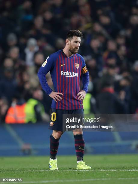 Lionel Messi of FC Barcelona during the Spanish Copa del Rey match between FC Barcelona v Real Madrid at the Camp Nou on February 6, 2019 in...