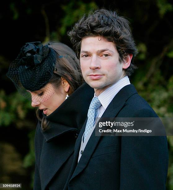 Annabel Ballin and Sam Waley Cohen attend the wedding of Lady Katie Percy and Patrick Valentine at St. Michael's Church on February 26, 2011 in...