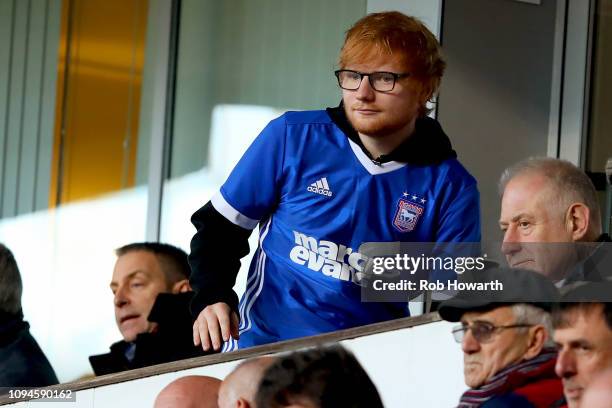 Musician Ed Sheeran watches his team, Ipswich Town during the Sky Bet Championship match between Ipswich Town and Sheffield United at Portman Road on...