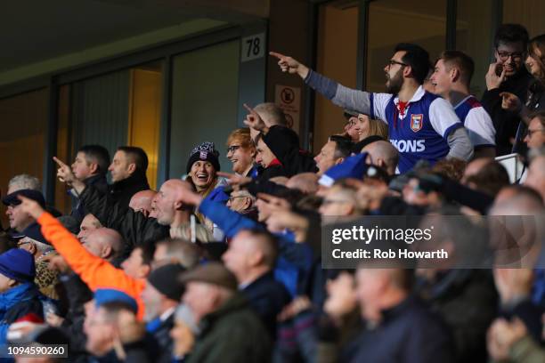 Musican Ed Sheeran and partner, Cherry Seaborn celebrate as Ipswich Town go 1-0 ahead during the Sky Bet Championship match between Ipswich Town and...
