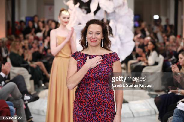 Designer Anja Gockel acknowledges the applause of the audience after her show during the Berlin Fashion Week Autumn/Winter 2019 at Hotel Adlon on...