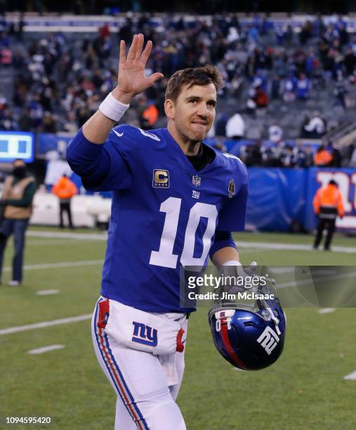 Eli Manning of the New York Giants in action against the Dallas Cowboys on December 30, 2018 at MetLife Stadium in East Rutherford, New Jersey. The...