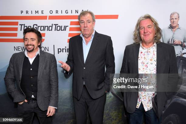 Richard Hammond, Jeremy Clarkson and James May attend a screening of 'The Grand Tour' season 3 held at The Brewery on January 15, 2019 in London,...