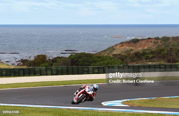 Carlos Checa of Spain riding the Althea Racing Ducati leads during race one of round one of the Superbike World Championship at Phillip Island Grand...