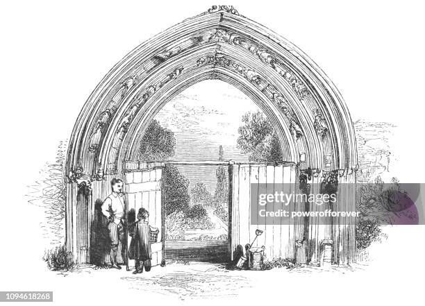 old arch of evesham abbey at the town of evesham in worcestershire, england - worcestershire stock illustrations