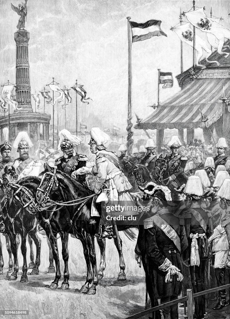Emperor Wilhelm I welcomes Prince Bismarck at the inauguration of the Victory Column in Berlin on 2 September 1873