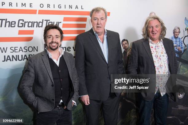 Richard Hammond, Jeremy Clarkson and James May attend a screening of 'The Grand Tour' season 3 held at The Brewery on January 15, 2019 in London,...