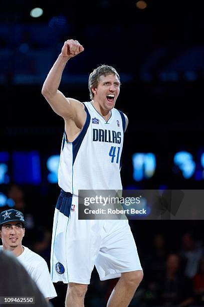 Shooting Stars: Dallas Mavericks Dirk Nowitzki victorious during competition on All-Star Saturday Night of All-Star Weekend at Staples Center.Los...