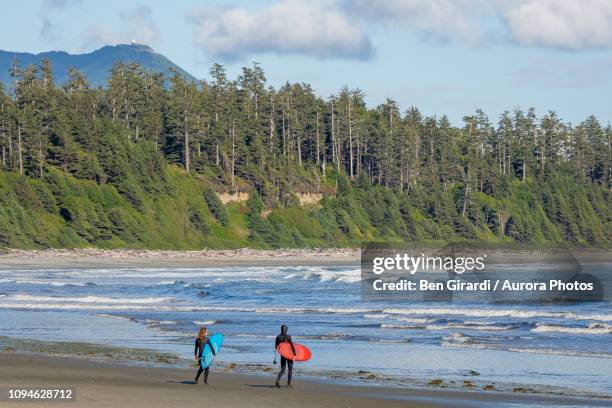surfers on beach, florencia bay, pacific rim park, tofino, british columbia, canada - pacific rim national park reserve photos et images de collection