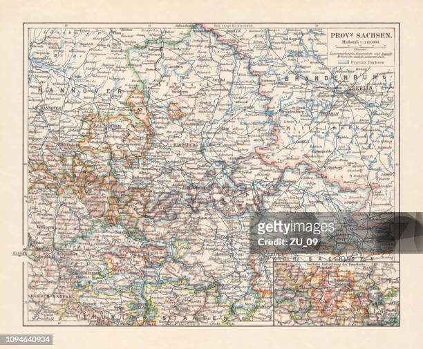 map of the province of saxony, germany (1816-1945), lithograph, 1897 - saxony stock illustrations
