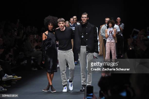 Designer Kilian Kerner acknowledges the applause of the audience aftwer the KXXK show during the Berlin Fashion Week Autumn/Winter 2019 at ewerk on...