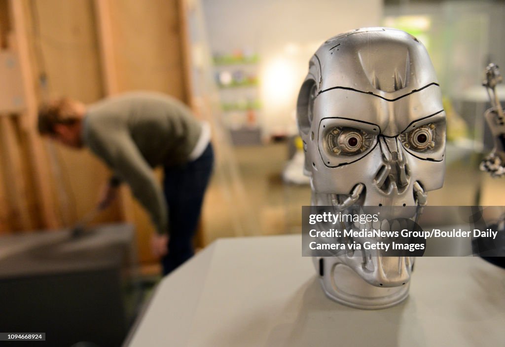 A movie prop of a robot's head used in the film 'The Terminator