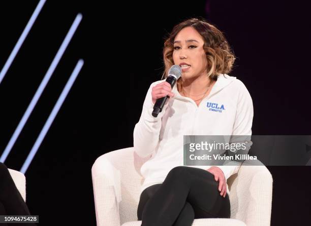 Katelyn Ohashi speaks onstage during The 2019 MAKERS Conference at Monarch Beach Resort on February 6, 2019 in Dana Point, California.