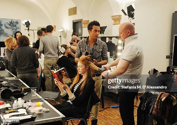 General view of the backstage at the Philipp Plein fashion show as part of Milan Fashion Week Womenswear Autumn/Winter 2011 on February 26, 2011 in...